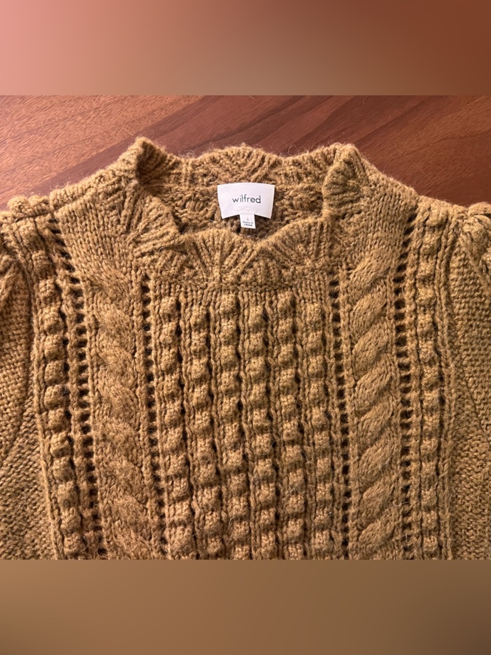 Wilfred Aritzia mustard yellow bobble cable knit puff sleeve cropped sweater (S)